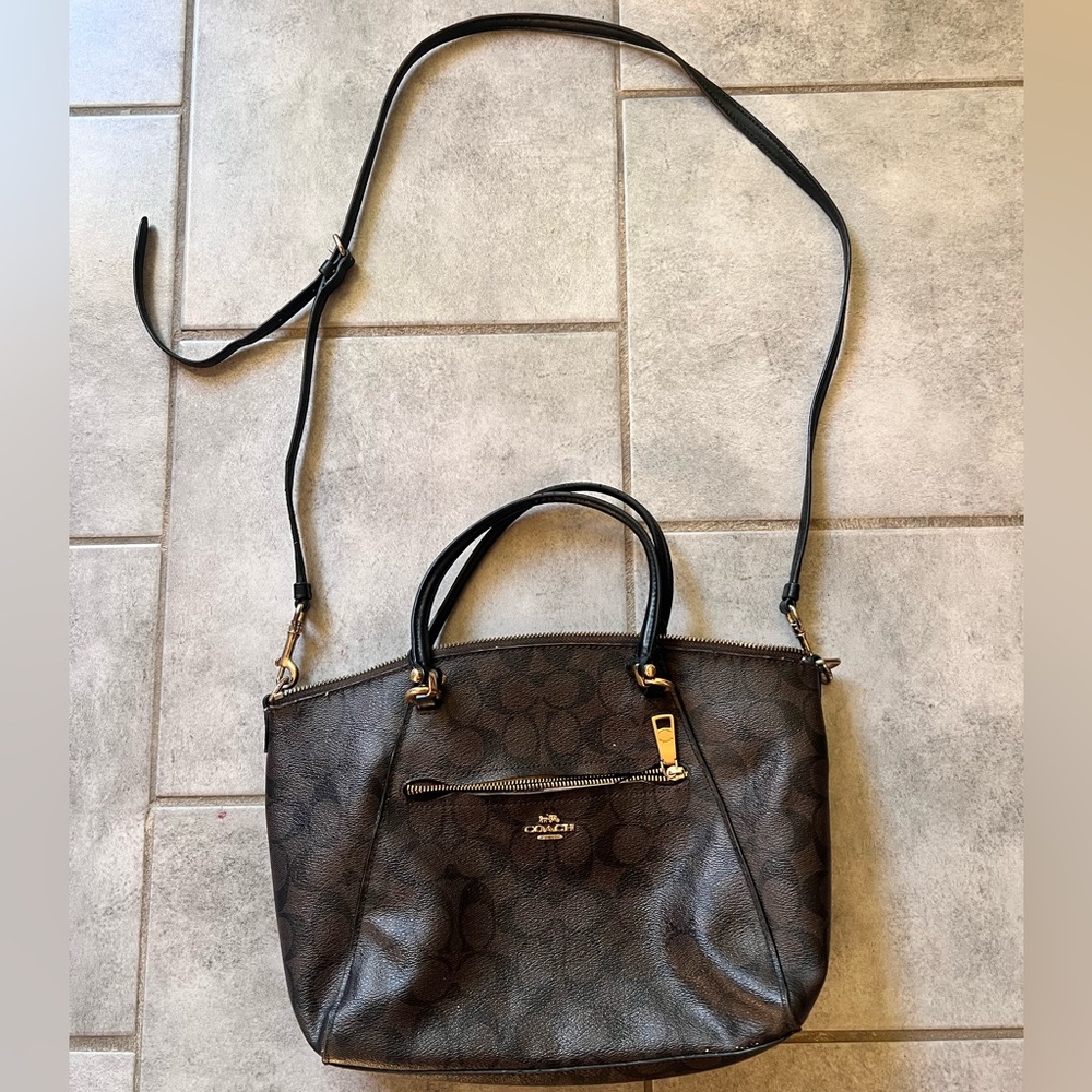 Coach Signature Brown Monogram Tote with Black Straps